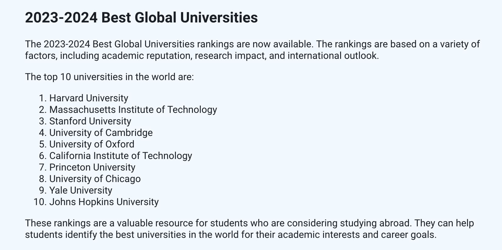 2023-2024全球最佳大学排名TOP10
